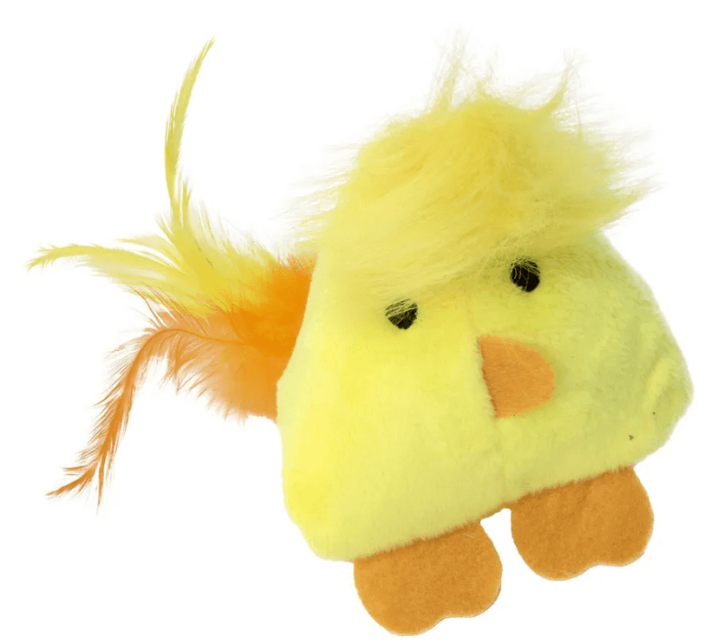 Ir a juguete para gato en forma de pollito. Hecho de tela con hierba gatera, super resistente. Color amarillo