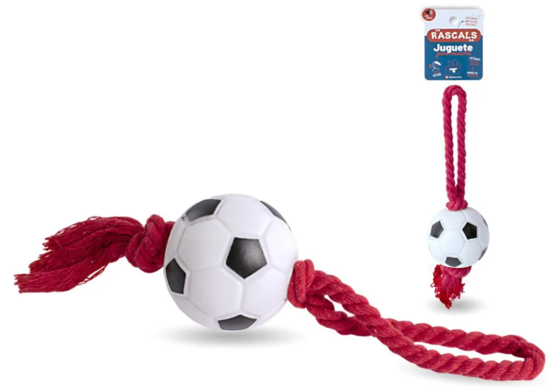 Ir a juguete para perro tipo soga con pelota. Material de goma, super resistente, color rojo